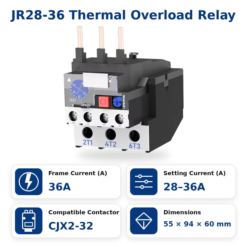 JR28 Series Thermal Overload Relay 25A 36A  Adjustable Current Motor Protection Electrical Overload Protector for AC Contactor