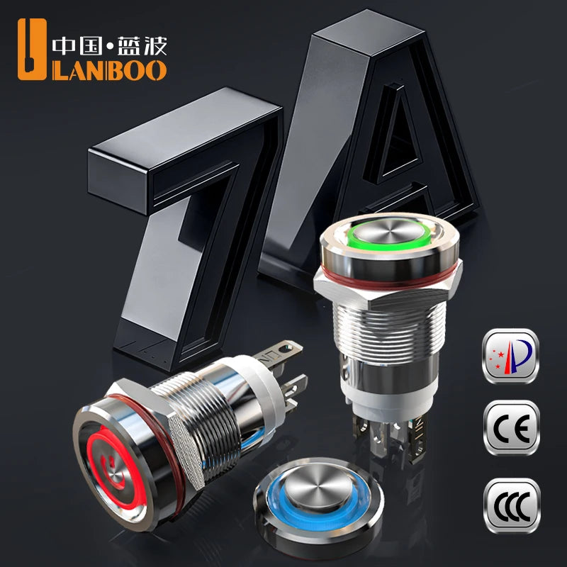LANBOO 12E 7A High Current 4 Pin Switch Waterproof IP65 Latching or Momentary Micro Metal Push Button Switch with LED 24V220V