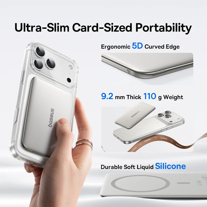 Baseus 5000mAh Magnetic Power Bank 15W Wireless 20W Wired Charging Thin Card-Sized Slim Portable Powerbank for iPhone 17 Samsung