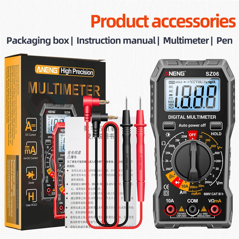 Digital Multimeter Voltage Tester Voltmeter SZ06 SZ308 TRMS 2000 Counts Auto-Ranging Ohm Volt Amp Meter Measuring AC/DC Voltage