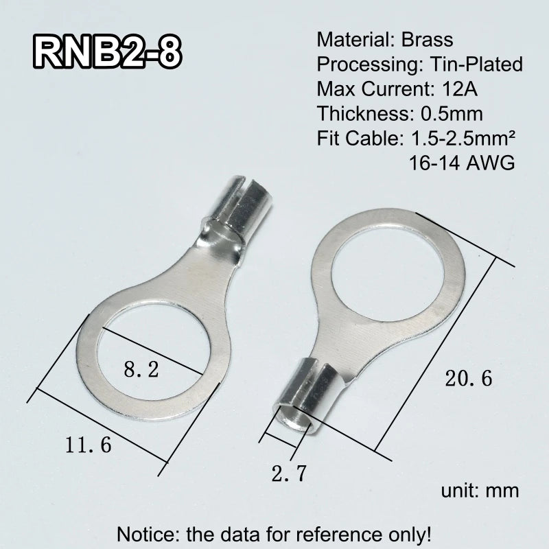 100pcs RNB Brass Ring Bare Terminal Block Connector Cable Lugs Wire Crimping Tips Electrical Connection Strips 12V 2.5mm 4mm 6mm