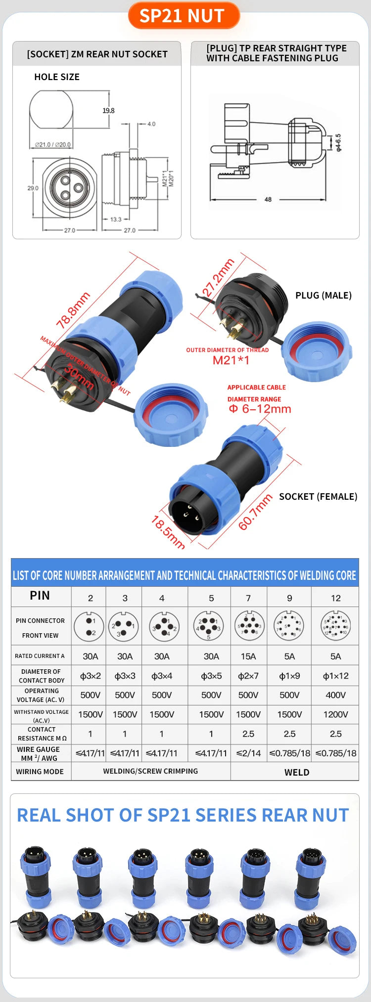 T&I IP68 waterproof aviation plug socket circular rear nut connector 2 3 4 5 7 9 12 pin SP21 butt connector