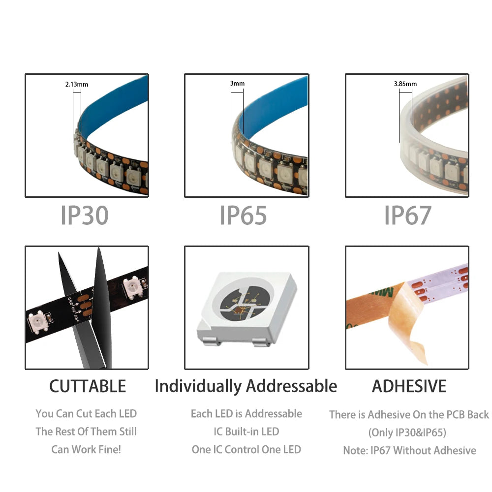 DC12V WS2815 DC5V WS2812B 5050 RGBIC LED Strip WS2812 30/60/74/96/144Leds/Pixels/m Individually Addressable Light IP30/65/67