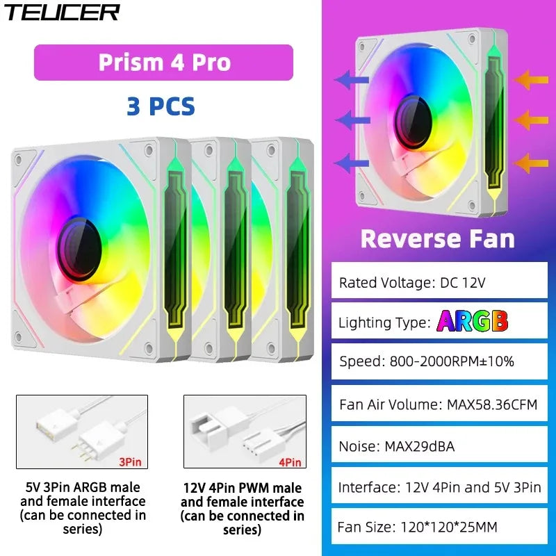 TEUCER Prism4 Forward/Reverse Fans 120MM 5V 3PIN ARGB 12V 4PIN PWM  2000RPM Hydraulic Bearing Design Stable&Quiet For Gamer