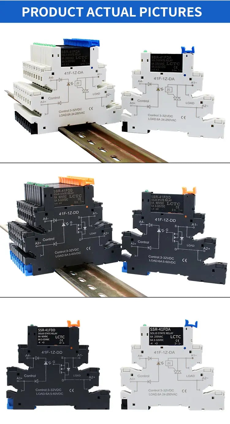 LCTC 10PCS SSR Solid State Relay DIN Rail Terminal Slim Relay Module SSR-41FDD/DA DC To AC DC To DC 6A With LED Non-contactLED