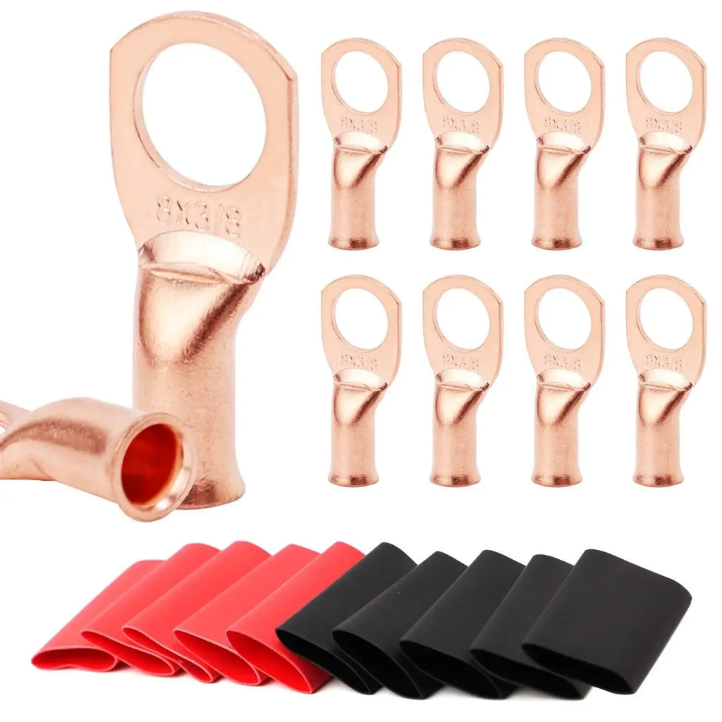 10pcs Copper Terminal Connectors, AWG 2 4 6 8 1/0 2/0 Ring Lug With Shrink Tubing 10Battery Cable Lugs, With 10 Shrink Tubing