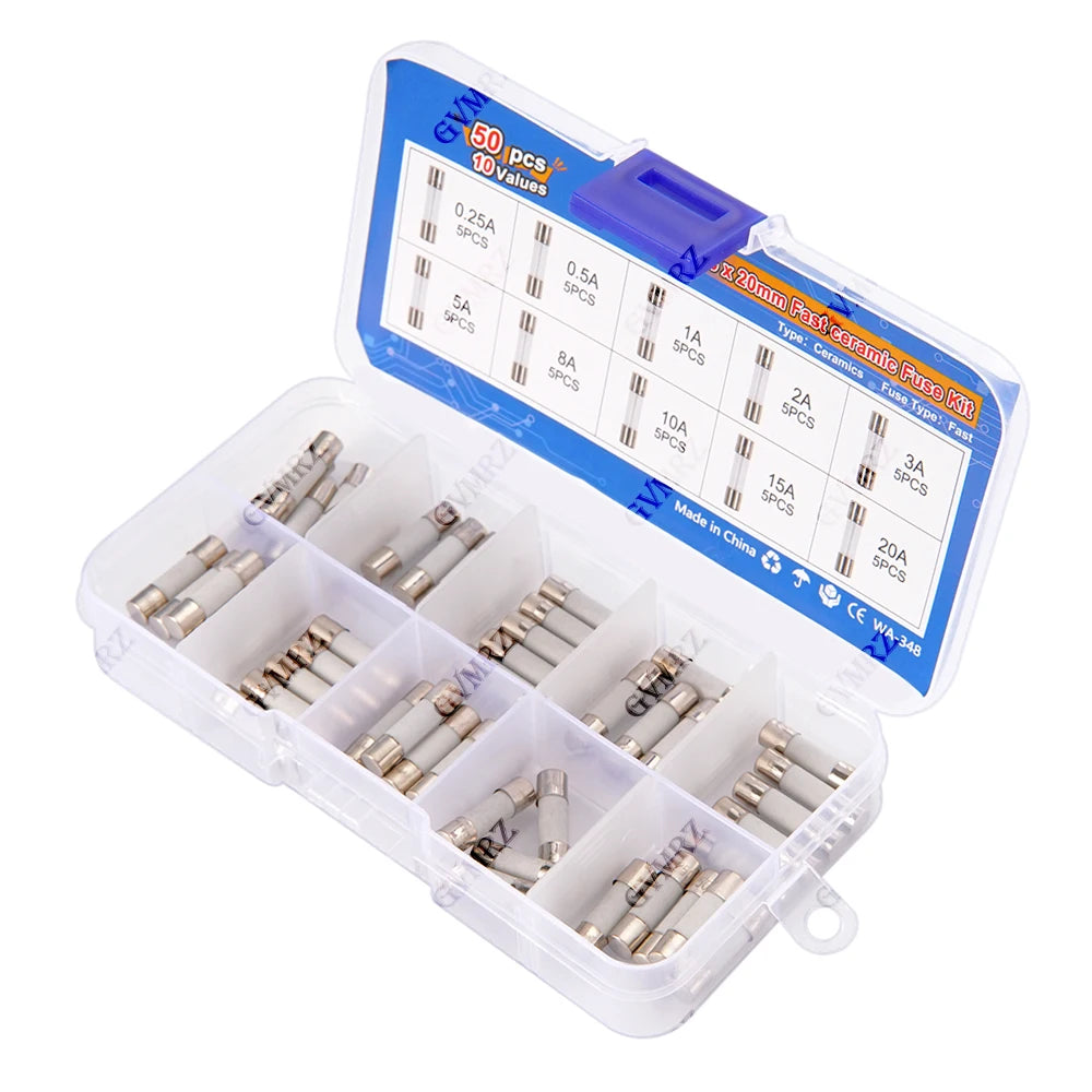 50pcs 5x20mm 0.25A-20A Ceramic Tube Fuse Assorted Kit Amp 0.25A 0.5A 1A 2A 3A 5A 8A 10A 15A 20A 250V with Storage Box