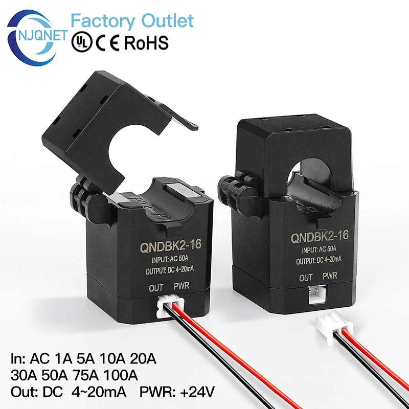 Split Core Current Transmitter QNDBK2-16 AC 10A 20A 50A 100A 4 20mA CT Clamp Hall Effect Current Transformer Sensor 4-20mA