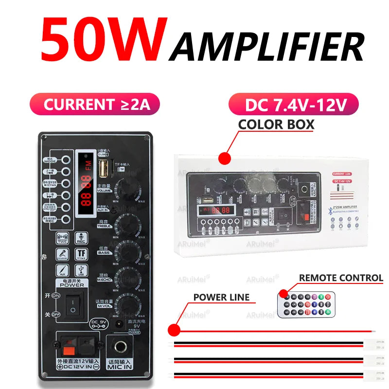 50W Metal Shell Bluetooth Amplifier Board with Display | 7.4V-12V Input | Power Adapter Cable Included