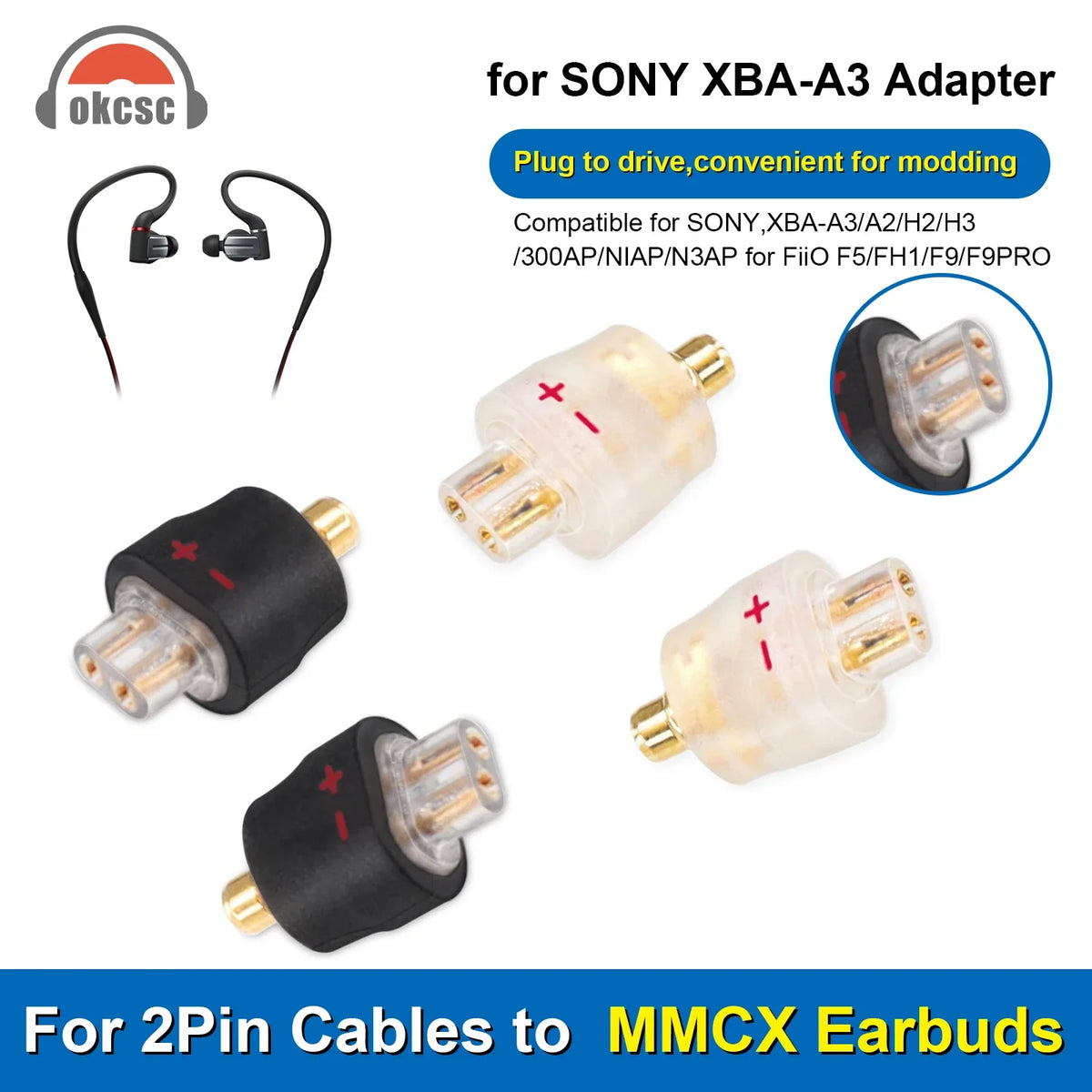 OKCSC 1 Pair Earphone Interface Conversion Pin Connector HIFI Headphone Plug MMCX JH HD580 3.5mm to 0.78mm Gold-plated Plug
