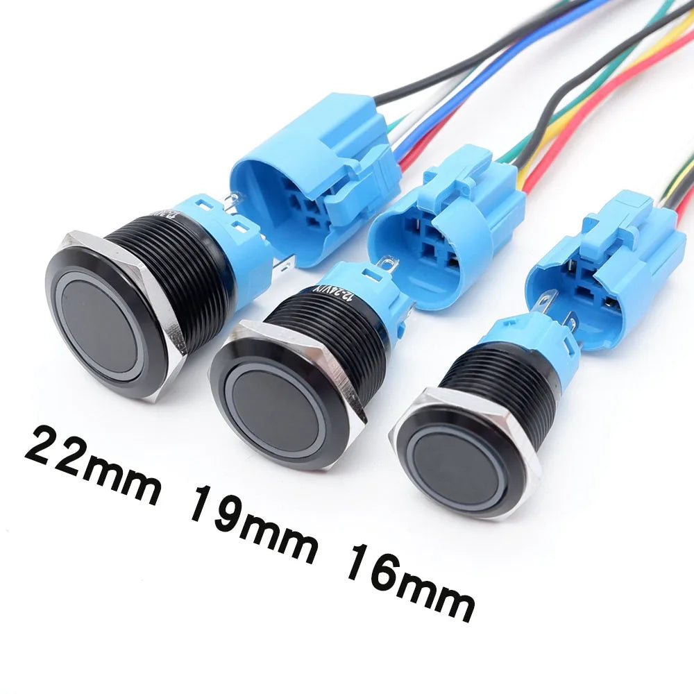 16/19/22mm Metal Push Button On Off Switch LED Light Momentary Latching Waterproof Flat Circular Button Silver Black 6v 12v 220v