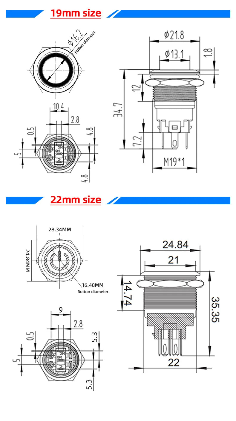 Metal Switch Button Push With Wire Waterproof on off 12mm 16mm 19mm 22mm Momentary/Latching Led Light Start Stop 5V 12V 24V 220V