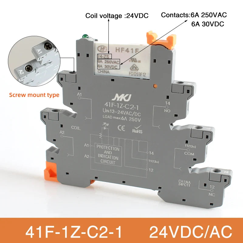 Din Rail Slim Relay Module 41F-1Z-C4-1 Integrated PCB Mount Power Relay With Relay Holder  Relay Socket 6.2mm