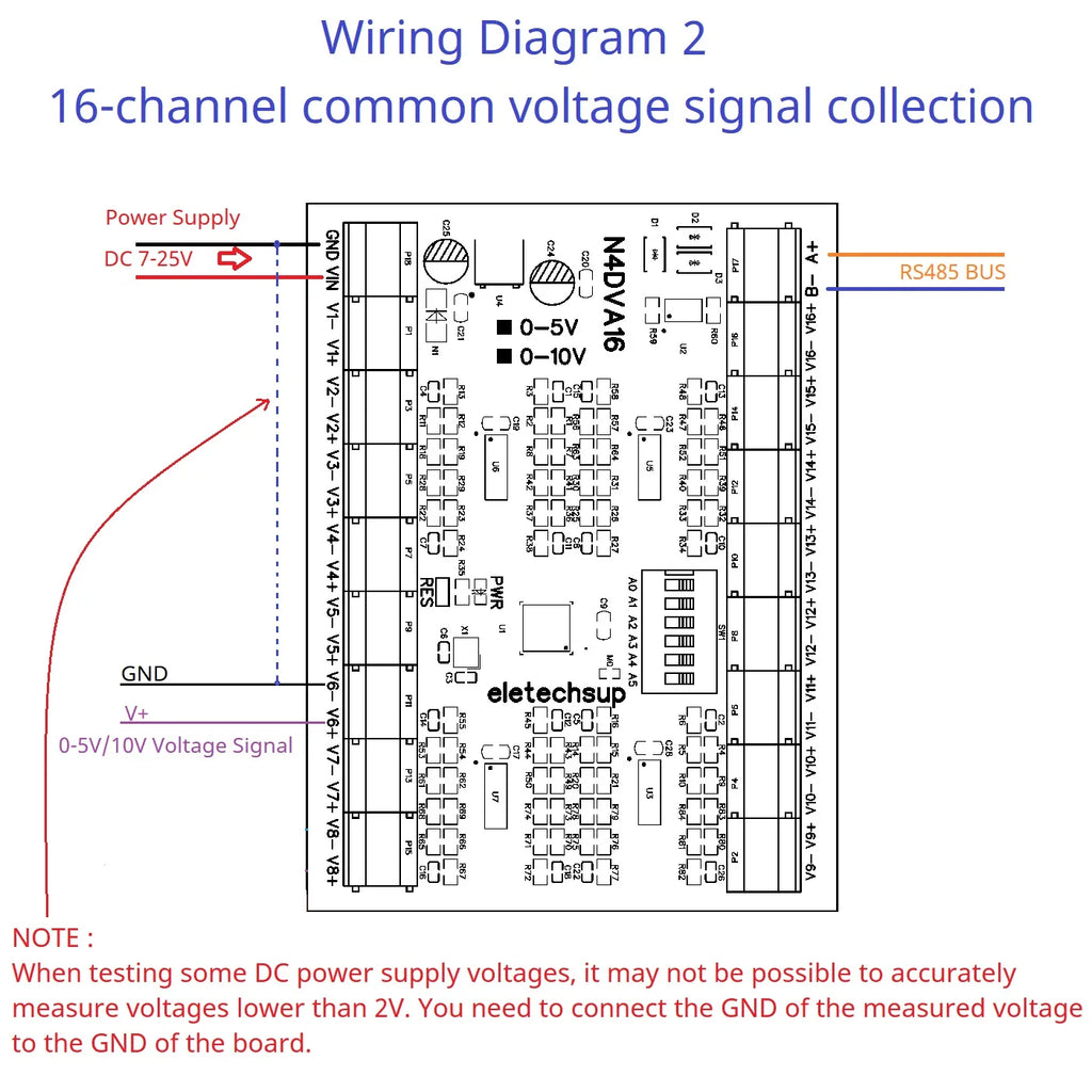 Modbus 16CH Differential Voltage Collector 0-5V 0-10V RS485 Analog Input Module for LI-ON LI-PO NIMH Lifepo4 Battery Measurement