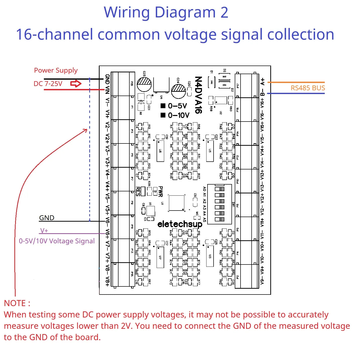 Modbus 16CH Differential Voltage Collector 0-5V 0-10V RS485 Analog Input Module for LI-ON LI-PO NIMH Lifepo4 Battery Measurement