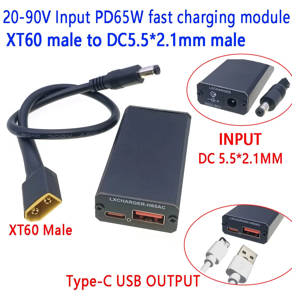 XT60 XT90 EC5 To 5V Connector DC20-90V Step Down Module PD65W PD/QC3.0 QC2.0 Double USB Type-C Mobile Phone Quick Charge Adapter