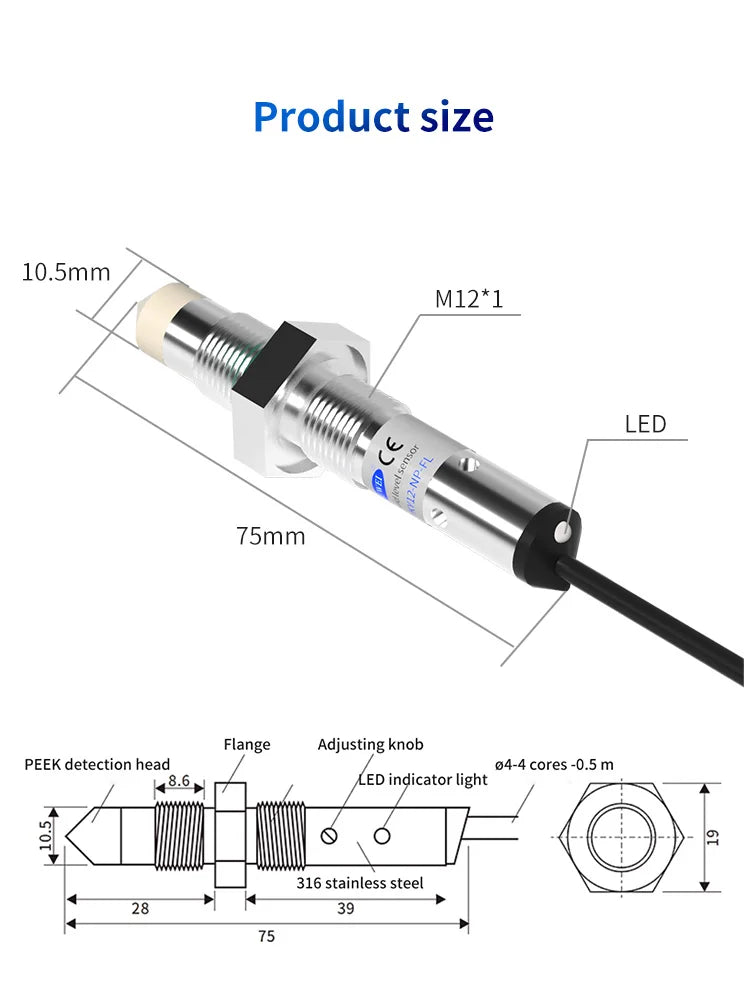 FUWEI FKY12-NP-FL Capacitive Contact Water & Oil Level Sensing Probe Proximity Switch Sensor for Level Detection
