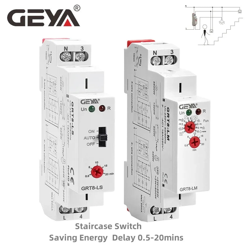 GEYA GRT8-LS/LM Din Rail Staircase Switch Lighting Timer Switch 230VAC 16A 0.5-20mins Delay off Relay Light Switch