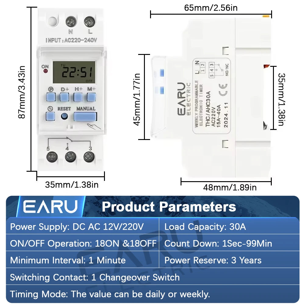 EARU DC AC 220V 12V THC15A 30A Electronic Weekly 7 Days Programmable LCD Digital Timer Switch Relay Control Din Rail 1NO1NC 1NO