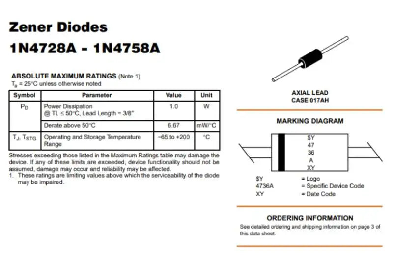 20Pcs 1N4728A 1N4729A 1N4732A Zener Diode 1W 3.3V 3.6V 4.7V DO-41 Axial Lead Voltage for Power Supply Regulator Direct Insertion