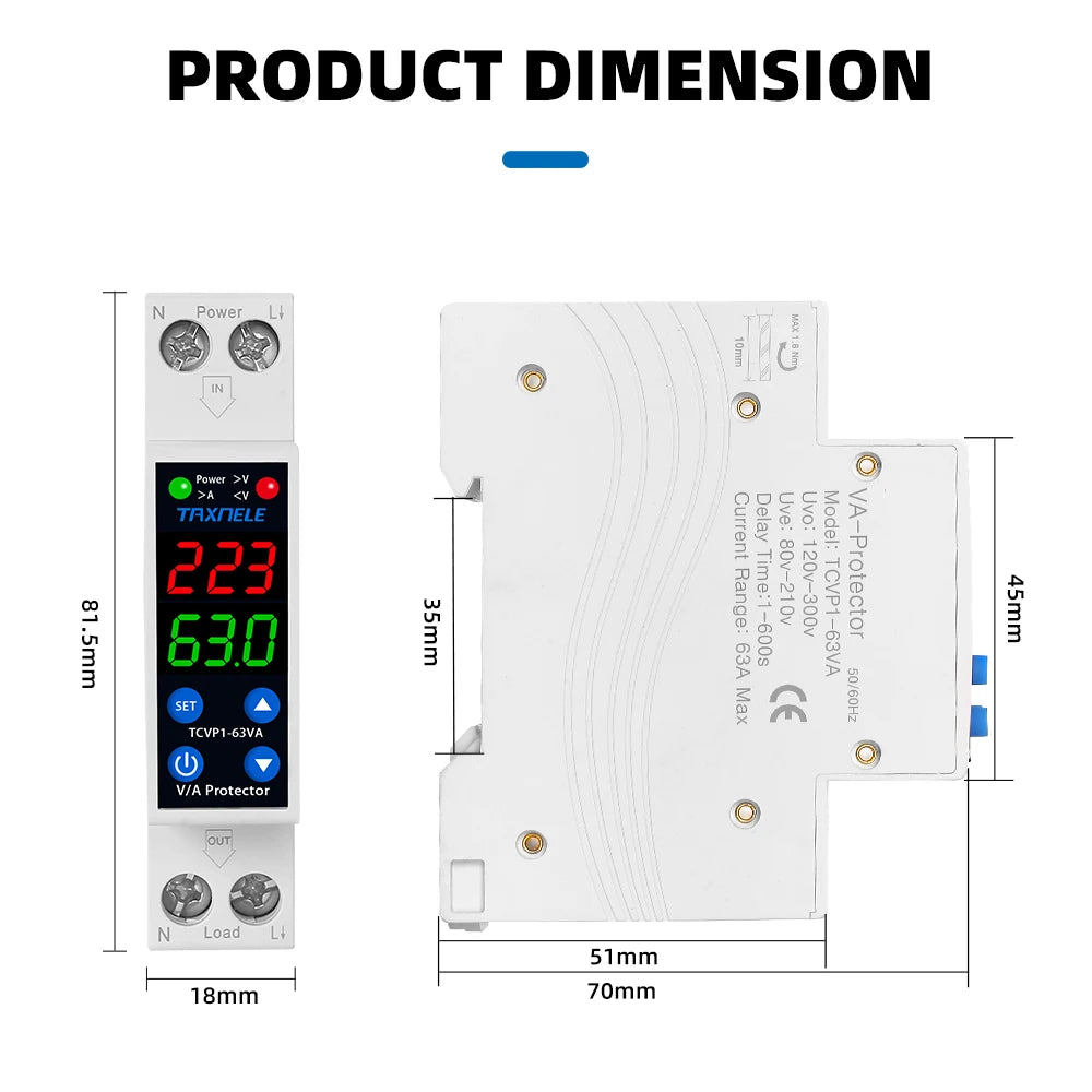 18MM 1P+N 63A 230V Dual Display Adjustable Digital Over Under Voltage Relay Surge Protector Limit Over Current Protection
