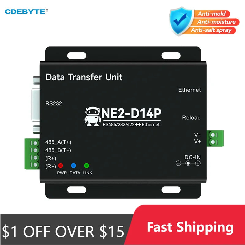 RS485/RS232/RS422 to Ethernet Serial Server DC8-28V Modbus TCP RTU MQTT CDEBYTE NE2-D14P AT Command Power and Signal Isolation