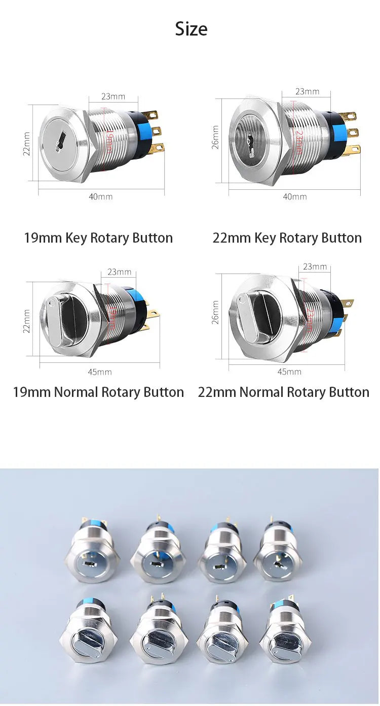 16/19/22mm metal Key rotary push button 2/3 position latching knob Switch Press Button rotary Rotate LED light rotation IP65
