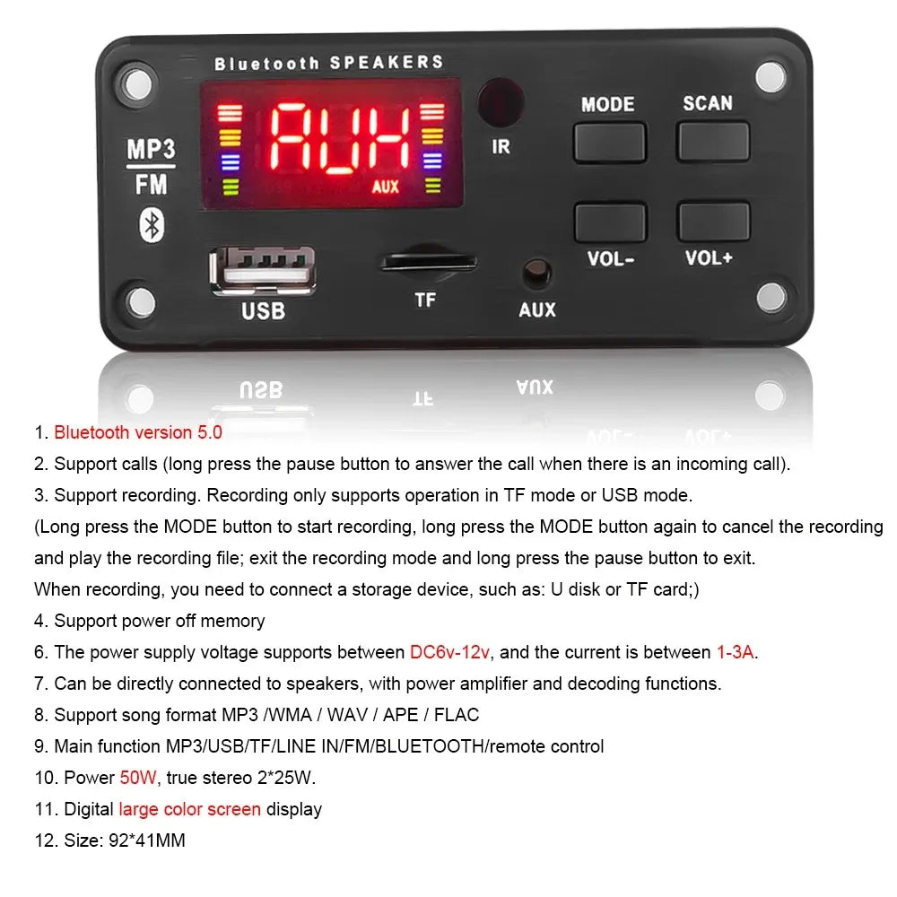 50W Amplifier MP3 Decoder Board DC 6V 18V Bluetooth 5.0 Car MP3 Player USB Recording Module FM AUX Radio For Speaker Handsfree