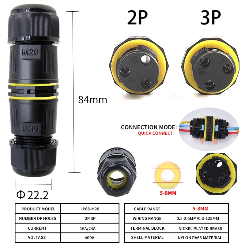 IP68 M16 M20 M25 Male Female Docking Connector Waterproof 2/3/4/5 Pin Terminal Electrical Wire  Cable Connector For Outdoor