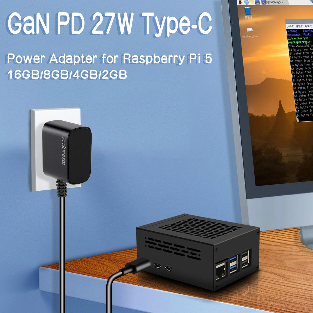 Geekworm Raspberry Pi 5 USB-C Power Adapter, GaN PD 27W Type C Power Supply for Raspberry Pi 5