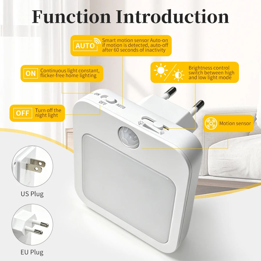 LED Motion Sensor Plug-In Night Light Warm/Cool White Dimmable 5 Brightness Levels for Hallway Stairway Bedroom 100-240V