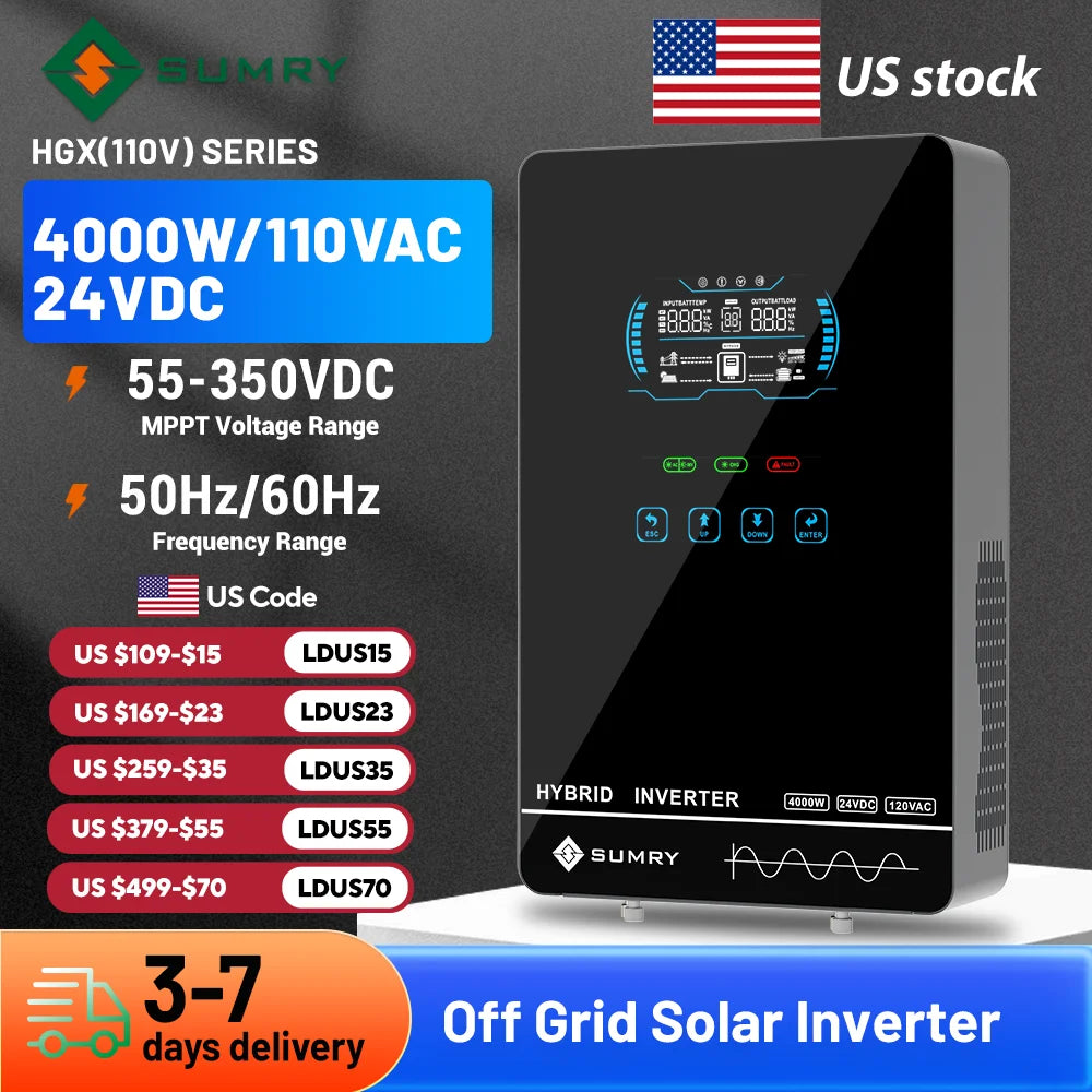 SUMRY 4KW 6KW 120V Off Grid Solar Inverter 24V 140A 5600W MPPT Charger Pure Sine Wave Home Inverter 6.25 Inch LCD Display