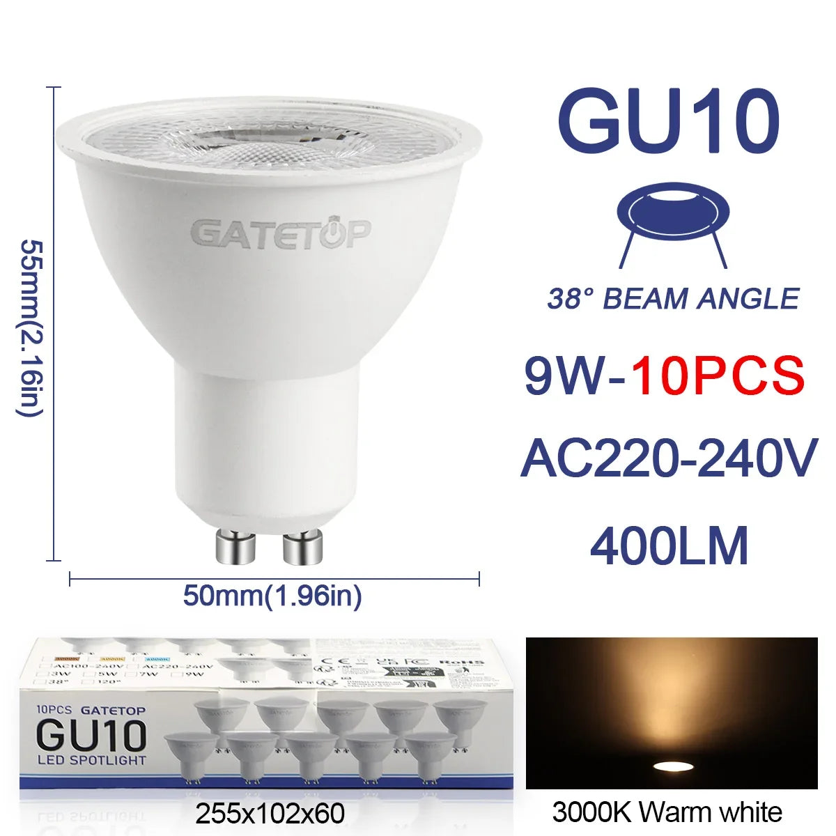 10 Pack Focos Gu10 Spotlight Lampara 220V Led Bulb Wholesale 9W White Warm 3000k 6000K Suitable for Home Commercial Buildings