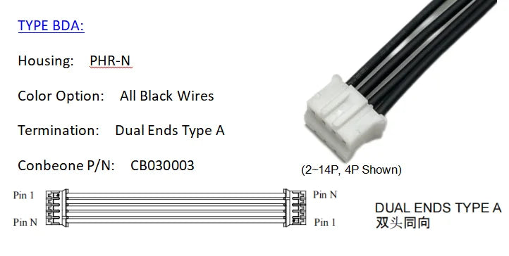 PHR-3 Wire harness, JST PH 2.00mm Pitch OTS Cable, 3P, With High Temperature Rated Wires, Off the Shelf, 10pieces Per Bag