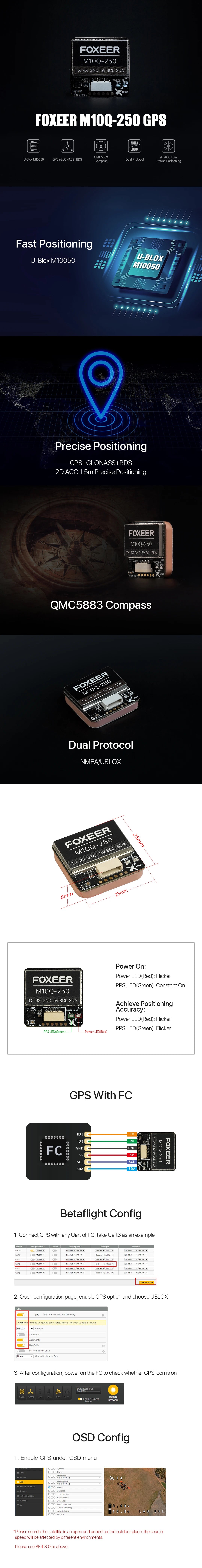 Foxeer M10Q-180 M10Q-250 M10 Dual Protocol GPS Module Built-in QMC5883 Compass Ceramic Antenna for RC Airplane FPV Long Range
