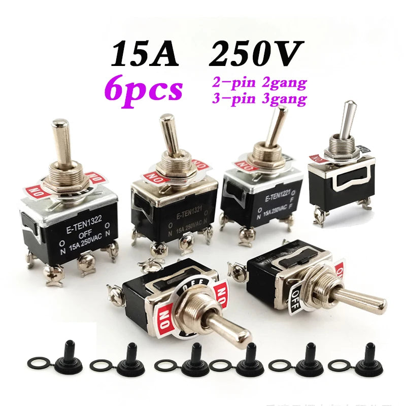 6Pcs Heavy Duty Car Boat Rocker Toggle Switch 15A 250V 2 3 Pin 2 3 Gang SPST ON/OFF Rocker Switches with Boot Spst Rocker Switch