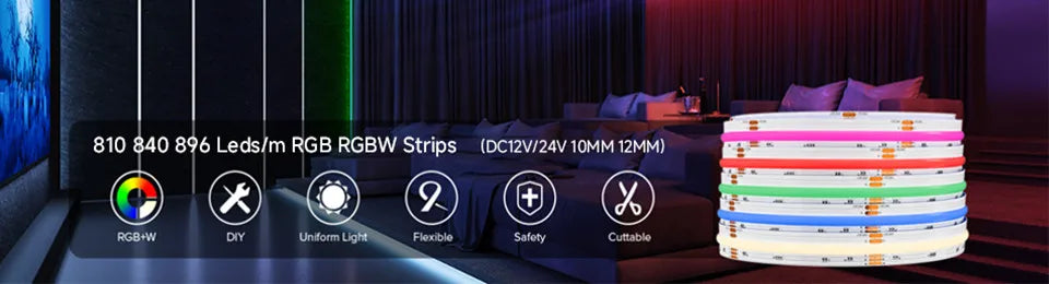 FCOB RGBCCT LED Light Strip 6 Pin 12mm DC24V 960 LEDs RGB CW WW FOB Flexible COB Linear Lights High Density RA90 Dimmable Strip