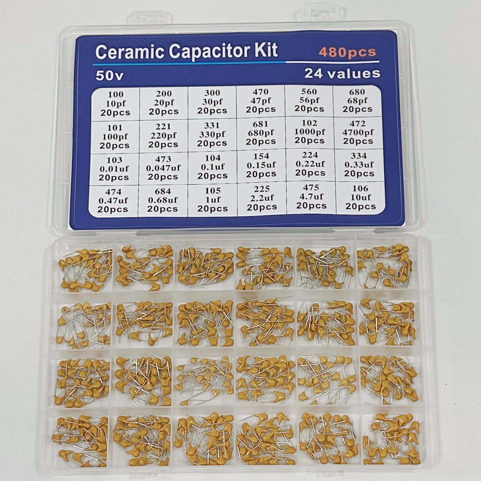 300pcs/480pcs Ceramic Capacitor Assortment Kit For Guitar Capacitor 10Values/24Values 10PF-10uf