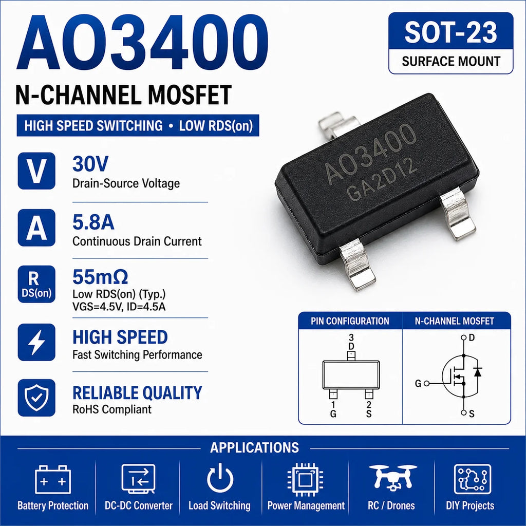 (100pc) AO3400 A09T SOT-23 N Channel MOSFET 30V 5.8A Low RDS(on) High Speed Switching Transistor