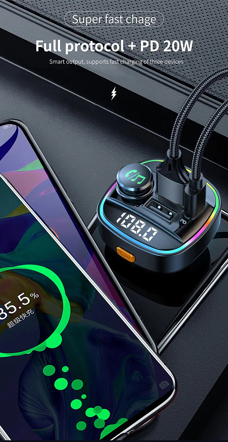 Bluetooth Handsfree FM Transmitter Car Radio Modulator MP3 Player With 22.5W USB Super Quick Charge Adapter for Car
