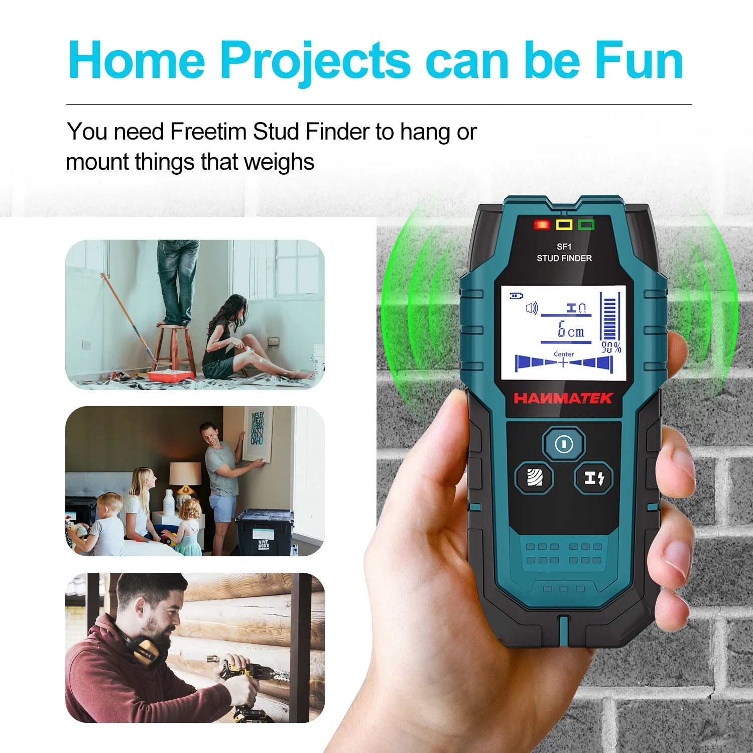 HANMATEK SF1 Stud Finder Wood Studs Metal Detection of Live Cable Metal Depth Measurement Finder Wall Detector Scanner