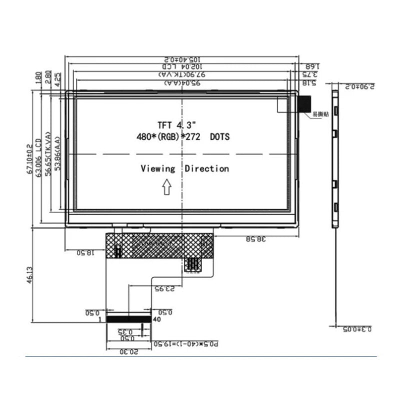 4.3 Inch TFT LCD Screen RGB Interface 480x272 High-Definition IPS Plug-In 40PIN With Capacitive Touch