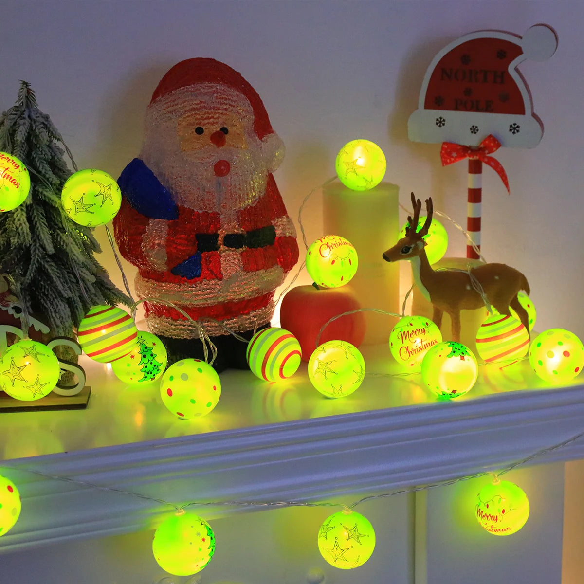 Luminous Xmas Bauble Fairy String Lights, Multipattern Printed Christmas Ball LED Garland, Whimsical Neon Tone Festive Lighting