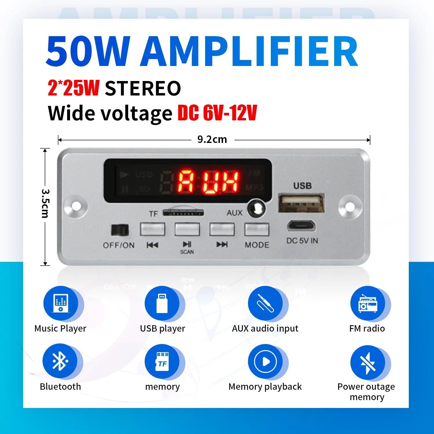 50W Amplifier Bluetooth 5.0 MP3 Decoder Board 12V Wireless Music Player Audio Modul USB TF AUX FM Radio for Speaker Handsfree