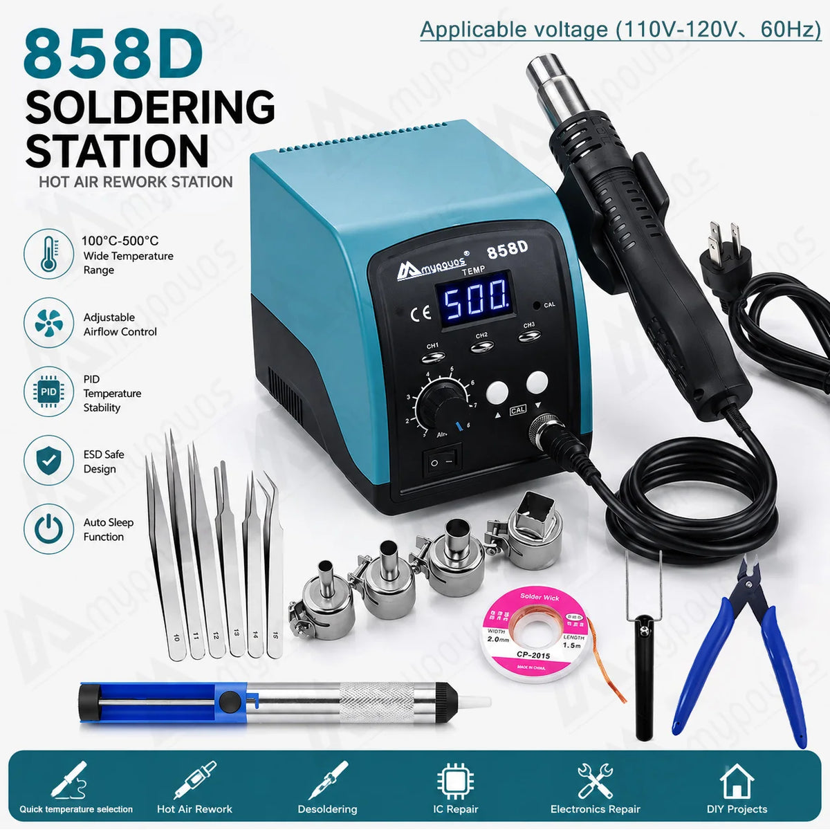 750W 858D hot air gun LED Digital BGA rework Lead-free soldering station SMT desoldering station Temperature storage 110V-120V