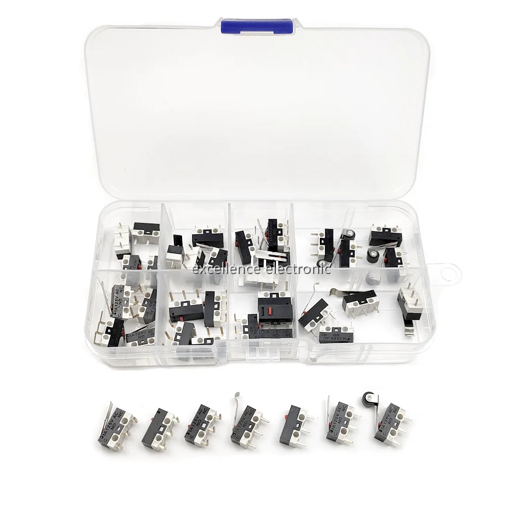 40Pcs/Box 3Pins Mini Limit Microswitch Car Switch with Scroll Wheel Microswitch Curved Foot Arc Handle Mouse Switches