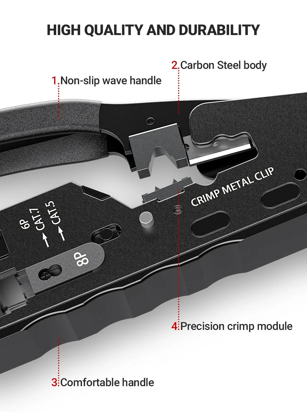 AMPCOM rj45 Crimper CAT7 Crimping Tool for Pass Through RJ11 RJ 45 Connector CAT6 CAT5E Modular Plugs With Wire Stripper Cutter