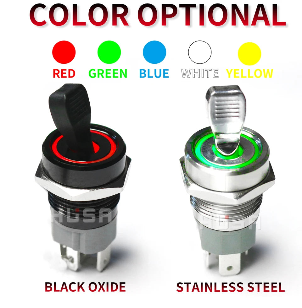 16MM  Self-locking ON-OFF Slide Power High Current Metal Toggle Switch Waterproof Push Button 2 Positions 1NO1NC Illuminated Led