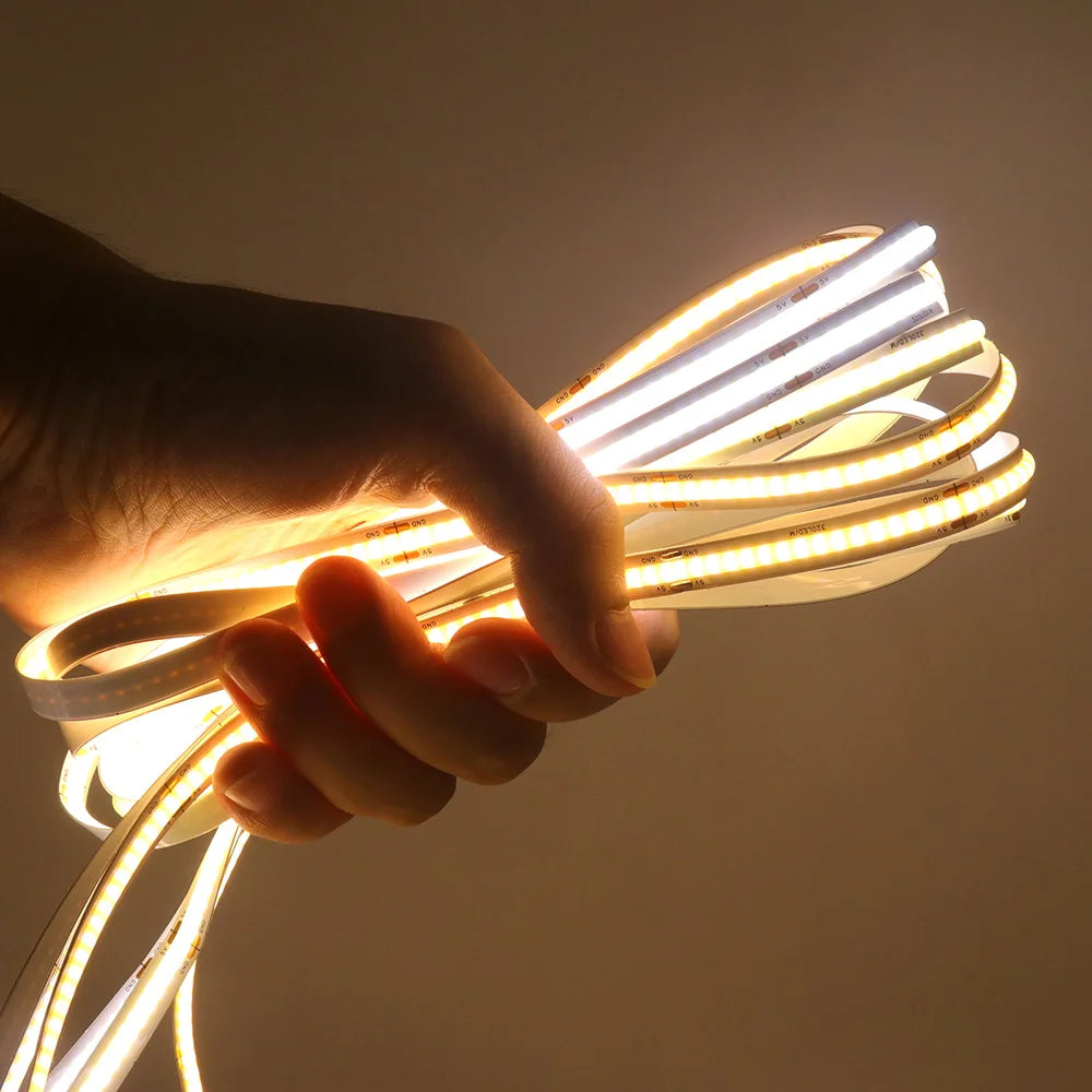 3mm 5mm PCB Battery Power COB LED Strip Light 5V Warm Natural White Blue Red Green Pink Tape 320LEDs 8mm High Density Flex Lamp