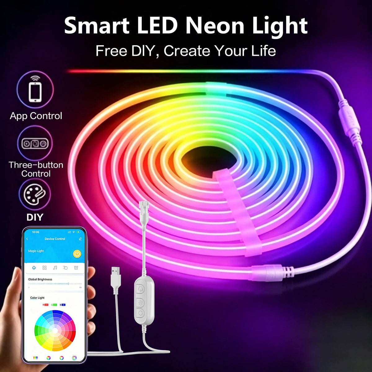 5M RGB Color Changing Neon Light Strip, Waterproof Flexible LED Neon Rope, USB Powered, APP & Manual 3 Keys Control for Indoor Outdoor Home Party Decoration